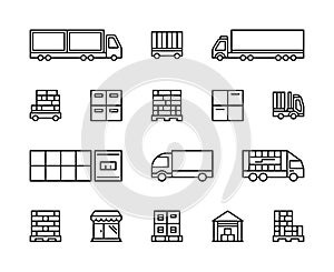Logistics and cargo transportation vector linear icons set. Logistics icons of cargo vehicles, delivery, product, shop and more