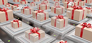 Logistics center full of christmassy packed parcels on modern individual transport platforms 3d-illustration
