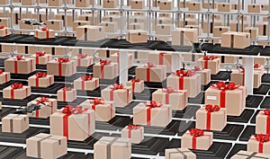 Logistics center with wrapped gifts for Christmas 3d-illustration