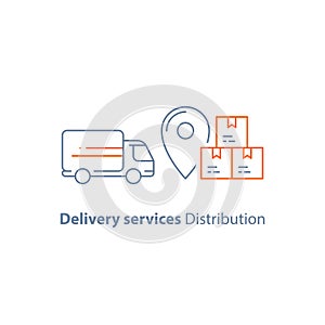 Logistics company, delivery truck, move service, courier, receive parcel box, vector line icon