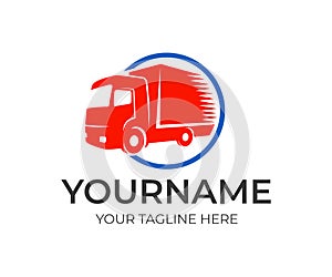 Logistics company and fast truck in circle, logo template. Cargo transportation, delivery of goods and auto transport, vector desi