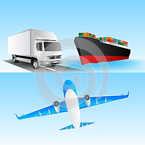 Logistics concept illustration, airplane, truck, train and cargo container ship