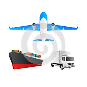 Logistics concept illustration, airplane, truck, train and cargo container ship