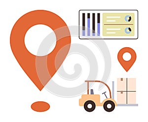 Logistics Concept with Location Marker, Forklift, Cargo, and Data Analytics
