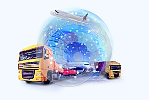 Logistics concept. Multiple exposure of transports and world globe