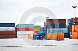 Logistics, container and cargo in global shipping warehouse or ecommerce industrial supply chain location. Economy