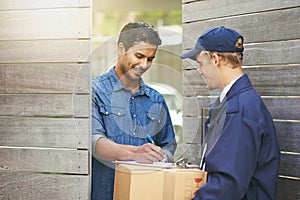 Logistics, customer sign off package from delivery man and crm outdoors at the gate. Ecommerce or courier service