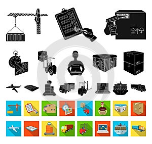 Logistics and delivery black,flat icons in set collection for design. Transport and equipment isometric vector symbol