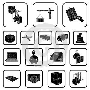 Logistics and delivery black icons in set collection for design. Transport and equipment isometric vector symbol stock