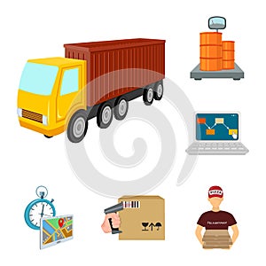 Logistics and delivery cartoon icons in set collection for design. Transport and equipment isometric vector symbol stock