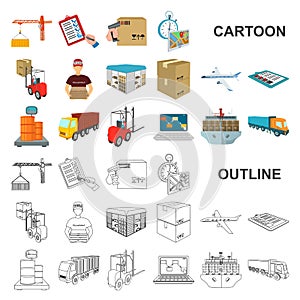 Logistics and delivery cartoon icons in set collection for design. Transport and equipment isometric vector symbol stock