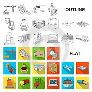 Logistics and delivery flat icons in set collection for design. Transport and equipment isometric vector symbol stock