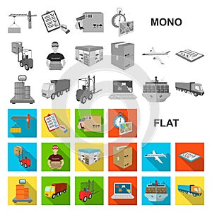 Logistics and delivery flat icons in set collection for design. Transport and equipment isometric vector symbol stock photo