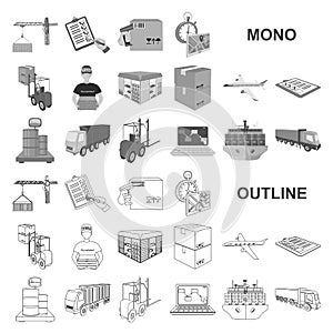 Logistics and delivery monochrom icons in set collection for design. Transport and equipment isometric vector symbol