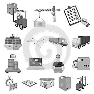 Logistics and delivery monochrome icons in set collection for design. Transport and equipment isometric vector symbol