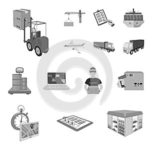 Logistics and delivery monochrome icons in set collection for design. Transport and equipment isometric vector symbol