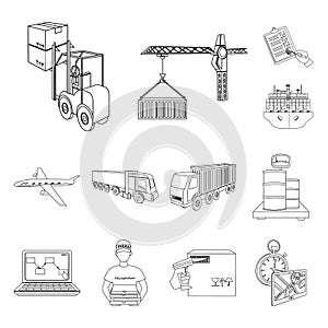 Logistics and delivery outline icons in set collection for design. Transport and equipment isometric vector symbol stock