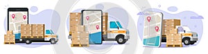 Logistics delivery van 3d truck transport vector service via mobile cell phone city map track location app flat graphic