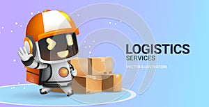 Logistics delivery vector design. Logistics services text with robot delivery mascot assistant character with boxes element.