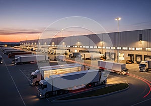Logistics Distribution Center With Trucks At Dusk