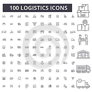 Logistics editable line icons, 100 vector set, collection. Logistics black outline illustrations, signs, symbols