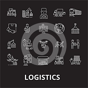 Logistics editable line icons vector set on black background. Logistics white outline illustrations, signs, symbols