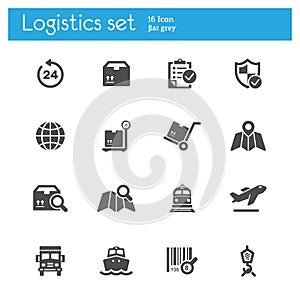 Logistics flat gray icons set of 16