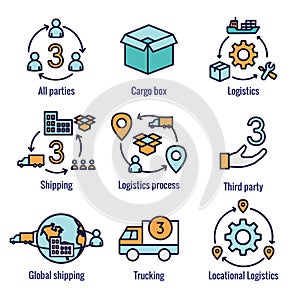 Logistics icon set with buildings, trucking, people & shipping box