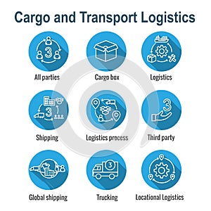 Logistics icon set with buildings, trucking, people & shipping box
