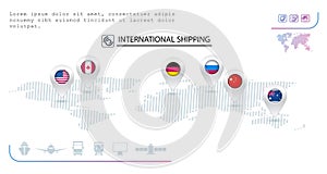 Logistics icons. Pins with flags of different countries. Transport