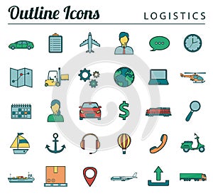 Logistics icons set. Delivery and Transportation. Outline icons. Vector