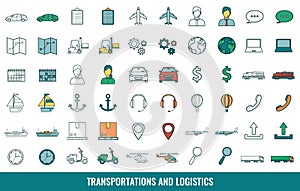 Logistics icons set. Delivery and Transportation. Outline icons. Vector