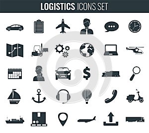 Logistics icons set. Delivery and Transportation. Silhouettes. Vector