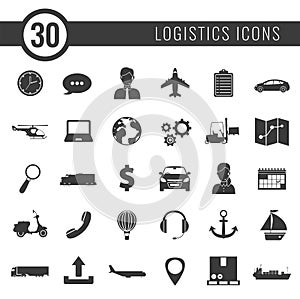 Logistics icons set. Delivery and Transportation. Silhouettes. Vector