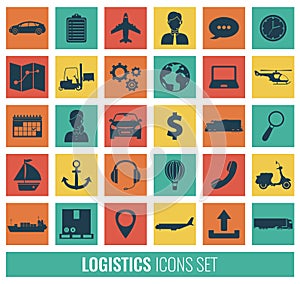 Logistics icons set. Delivery and Transportation. Silhouettes. Vector