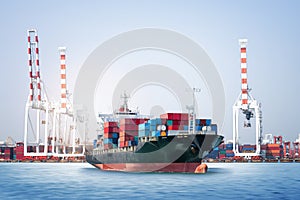 Logistics import export background of Container Cargo ship in seaport on blue sky