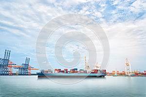 Logistics import export background of Container Cargo ship in seaport on blue sky