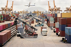Logistics import export background and transport industry of forklift handling