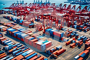 Logistics import export goods of freight global transportation industry, Transport of container cargo trucks at container yard