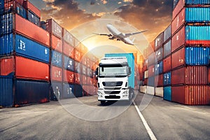 Logistics import export goods of freight global transportation industry, Transport of container cargo trucks at container yard