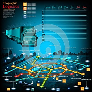 Logistics infographic with lines of delivery on city map. Topography simbols, timetable on week