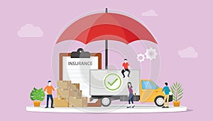 Logistics insurance with some stack cardboard with big umbrella cover and insurance paper document contract - vector