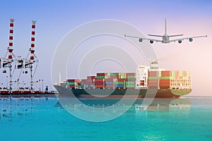 Logistics and international shipping containers, cargo ship and air planes