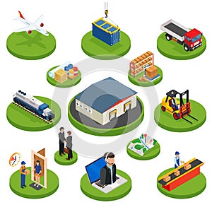 Logistics isometric icons set of different transportation distribution vehicles and delivery elements isolated vector