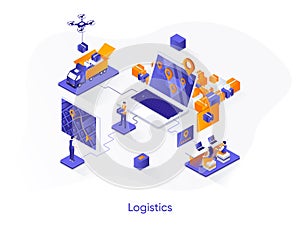 Logistics isometric web banner. Express delivery, logistics company isometry concept. Freight shipping 3d scene, warehousing and