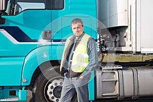 Logistics man driver front cabin of big modern Long-haul