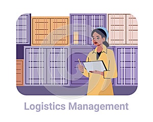Logistics management warehouse worker inventory clipboard containers background flat design