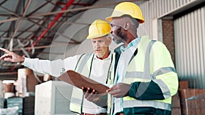 Logistics, manager and man with clipboard in warehouse for inventory, export or inspection for distribution. Industrial