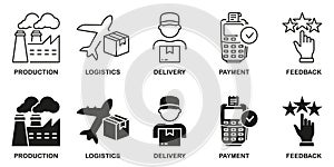 Logistics And Manufacturing Line and Silhouette Icon Set. Distribution Industry Symbol Collection. Plant Production