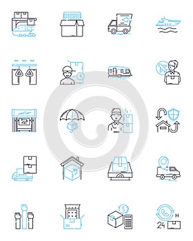 Logistics Movement linear icons set. Shipment, Transportation, Delivery, Cargo, Warehousing, Inventory, Routing line